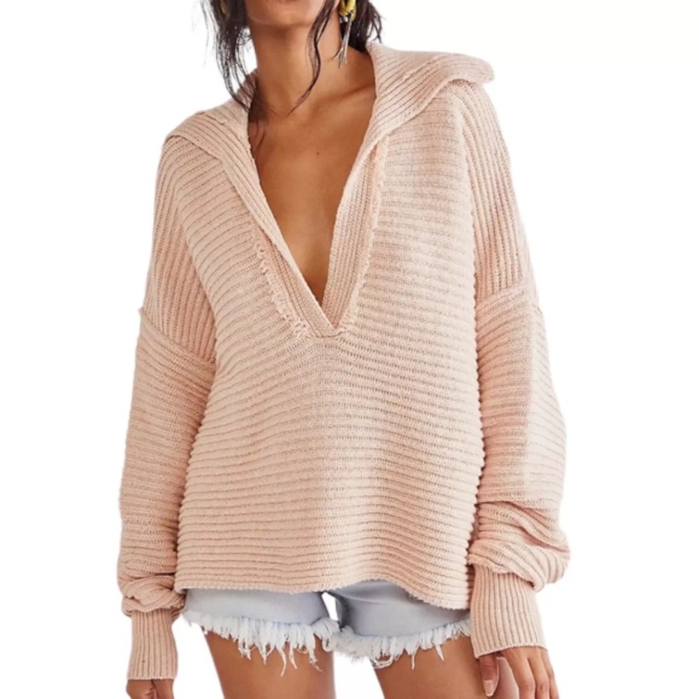Free People Marlie Chunky Knit Sweater Oversized Ribbed Deep V Neck Dusty